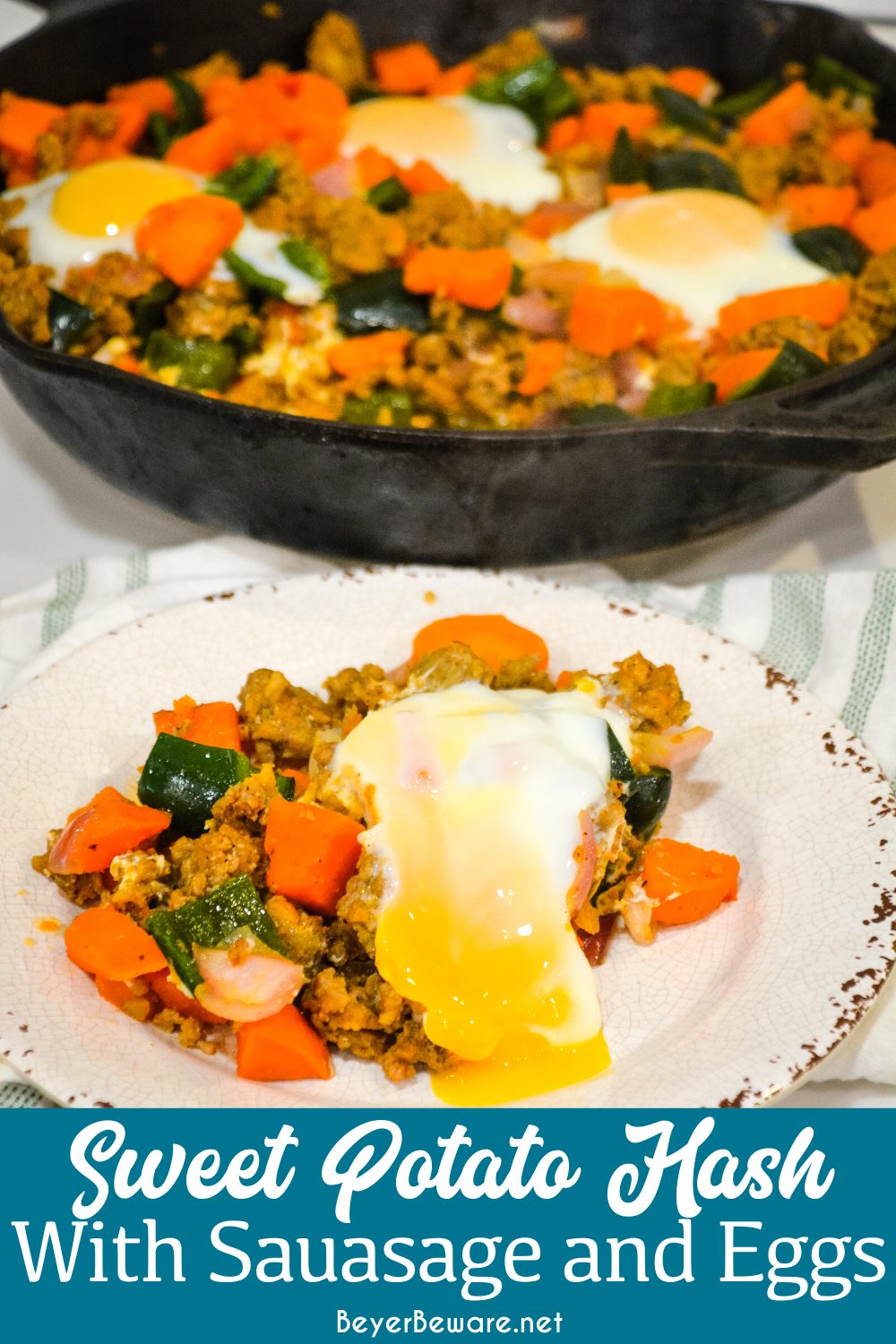 Sweet potato hash with sausage and eggs is a hearty breakfast skillet made with diced sweet potatoes, spicy sausage, onions, and poblano peppers with fried or poached eggs over the top.