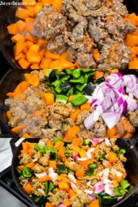 Saute the potatoes for about ten minutes and then add the sausage to the potatoes. Continue to cook until the pork is almost fully cooked. Then add the roughly chopped onions and poblano peppers.