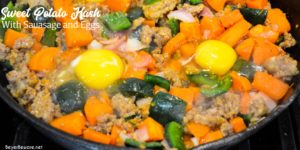 Season the sweet potato hash skillet with salt, pepper, and some ground sage. Stir and continue to cook until the potatoes are soft. Then over the sweet potatoes, sausage, onions, and poblano peppers crack the eggs.