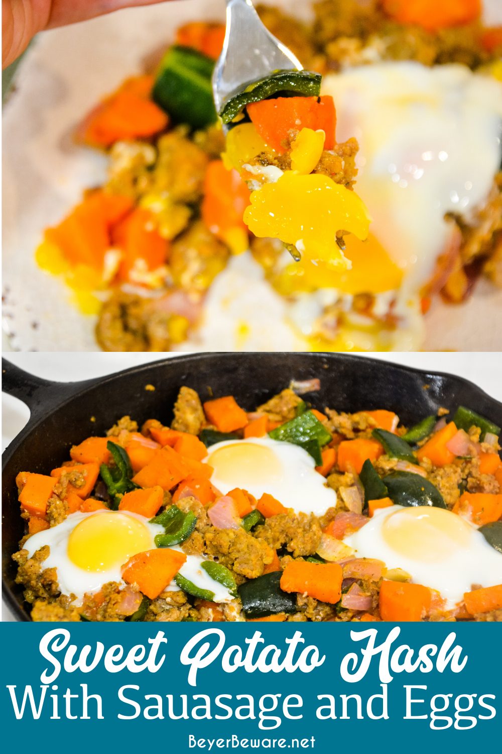 Sweet potato hash with sausage and eggs is a hearty breakfast skillet made with diced sweet potatoes, spicy sausage, onions, and poblano peppers with fried or poached eggs over the top.