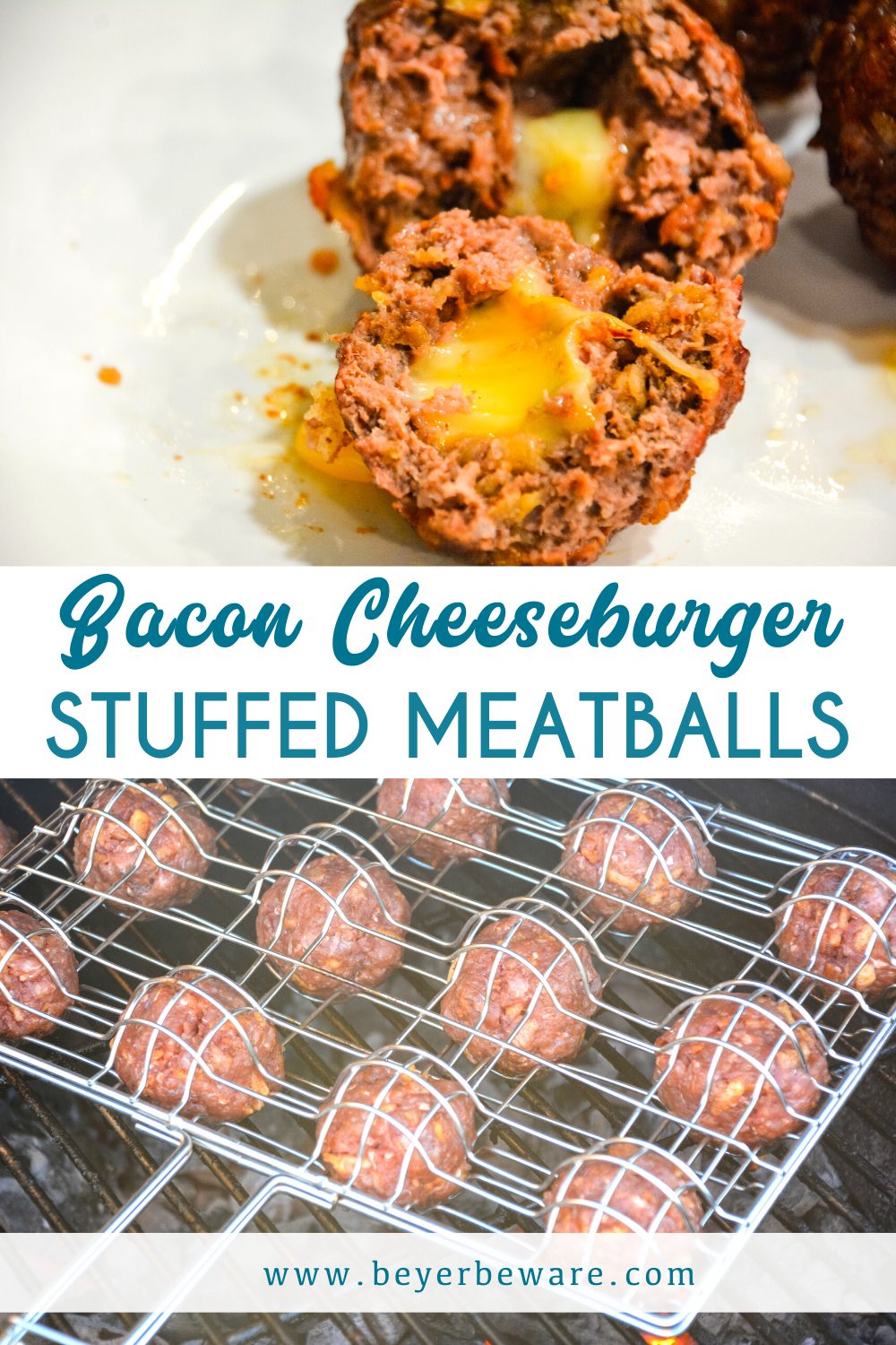 Bacon cheeseburger stuffed meatballs on the grill are the perfect grilled meatball made with bacon bits, fried onions, ground beef, and a cube of Colby jack cheese.