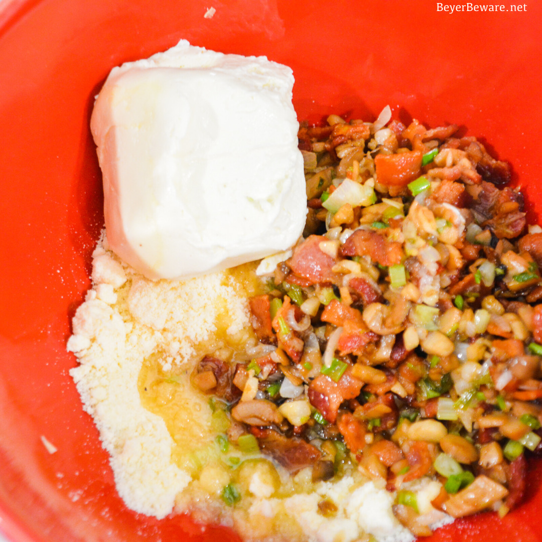 Parmesan cheese, cream cheese, and bacon mixture for stuffed mushrooms