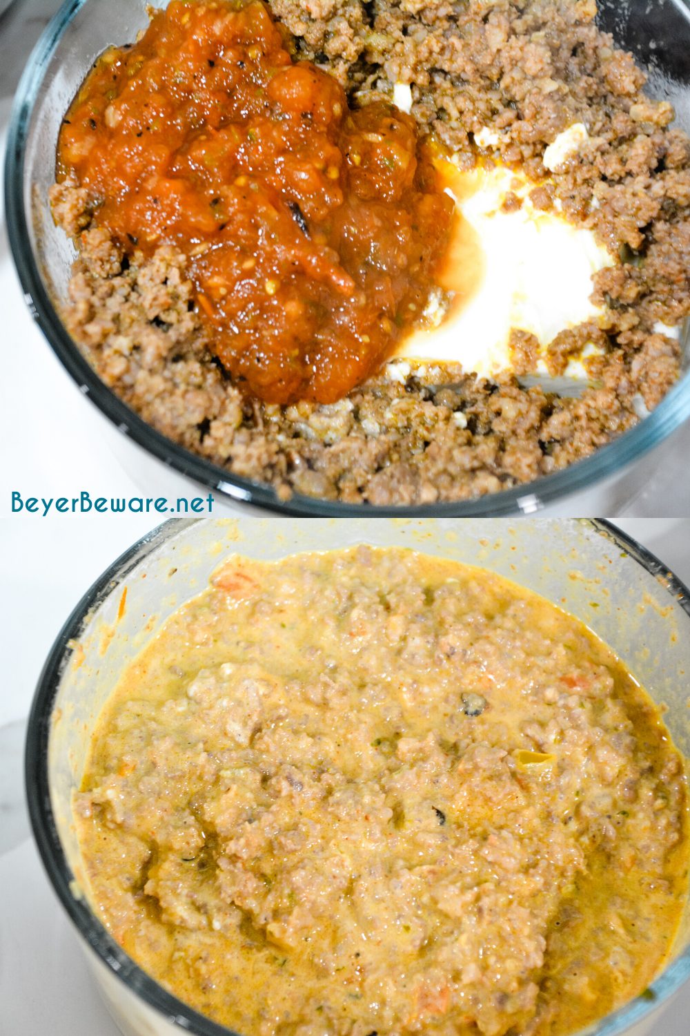 Make creamy taco meat filling by mixing cream cheese and salsa together.