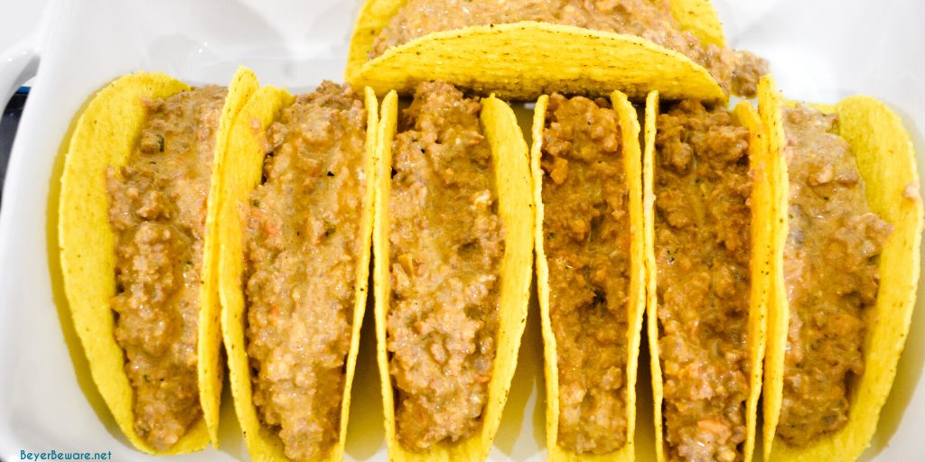 Ground beef filling in taco shells for baking