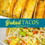 Creamy ground beef baked tacos are made with corn or flour shells, ground beef, taco seasoning, cream cheese, and salsa before topping with shredded cheese.