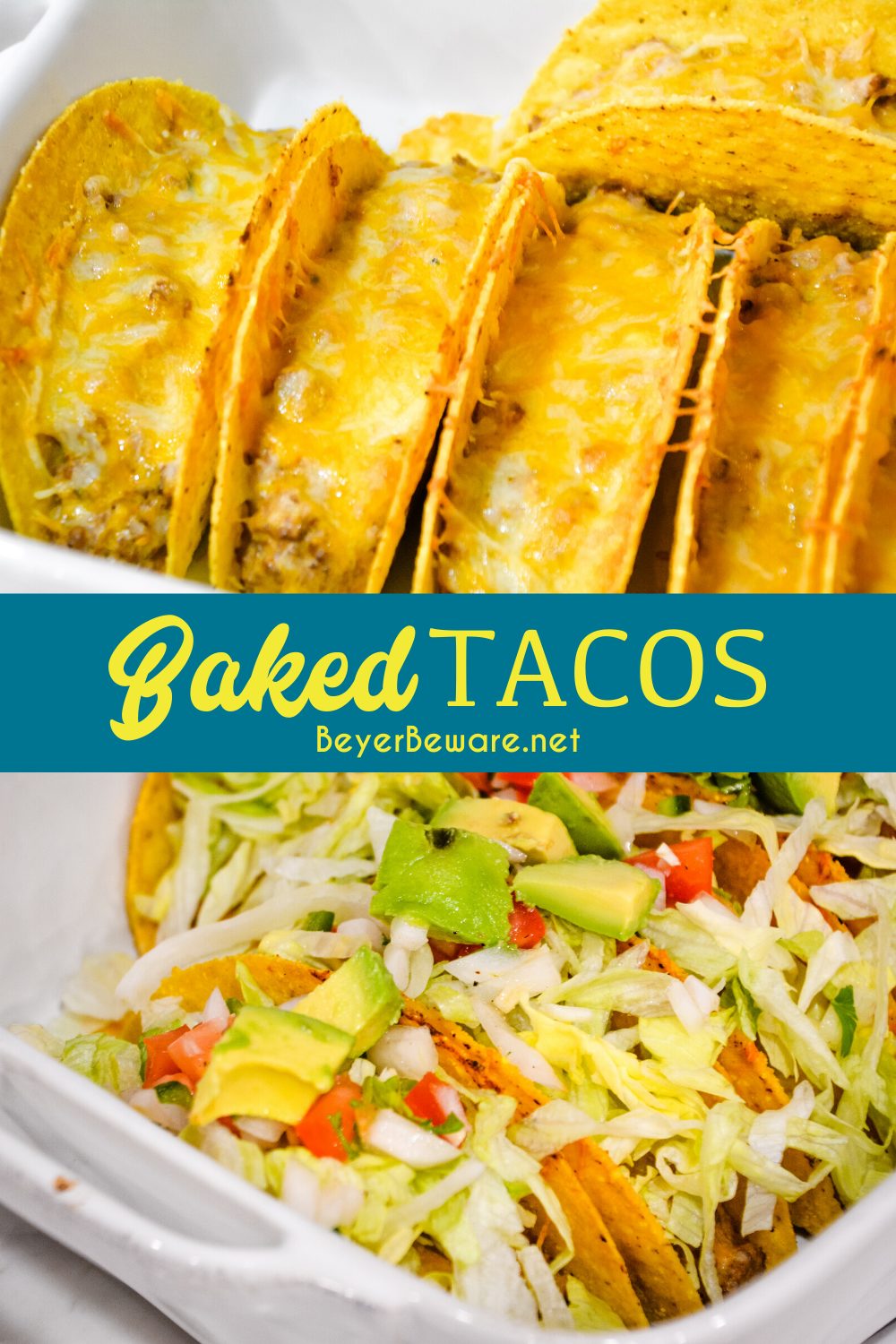 Creamy ground beef baked tacos are made with corn or flour shells, ground beef, taco seasoning, cream cheese, and salsa before topping with shredded cheese.