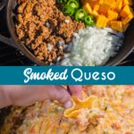 Smoked queso is your favorite queso dip made with Velveeta, Rotel, onions, taco meat, and peppers made in a cast-iron skillet on your smoker or grill.