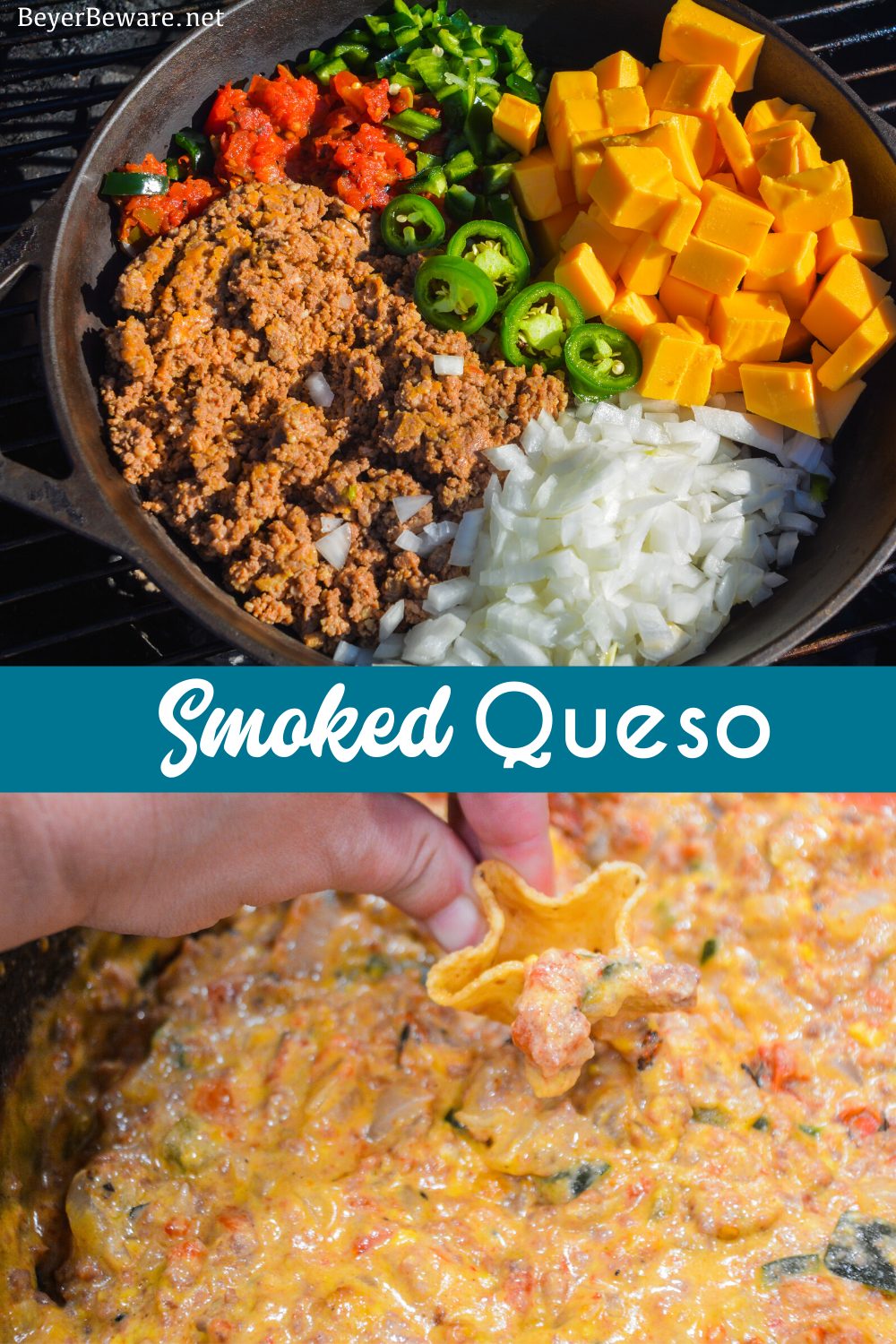 Smoked queso is your favorite queso dip made with Velveeta, Rotel, onions, taco meat, and peppers made in a cast-iron skillet on your smoker or grill.