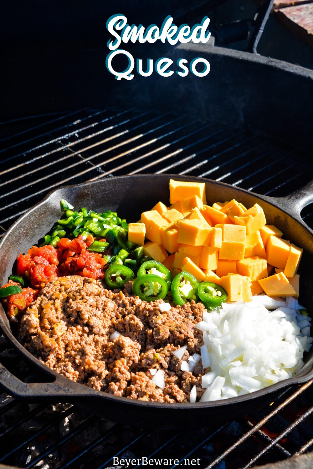 Smoked queso is your favorite queso dip made with Velveeta, Rotel, onions, taco meat, and peppers made in a cast-iron skillet on your smoker or grill.