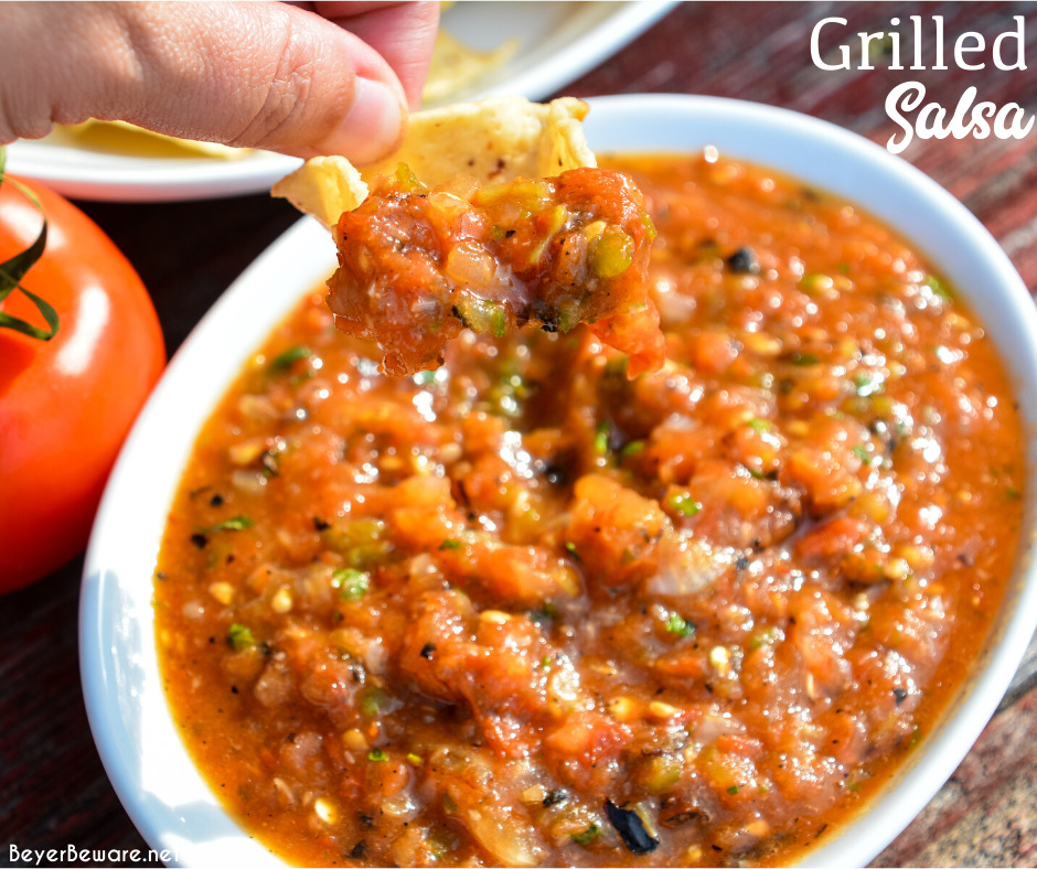 Fire-roasted salsa recipe grills garden fresh tomatoes, jalapenos, onions, garlic, and cilantro for a flame-grilled salsa recipe that is outrageously good.