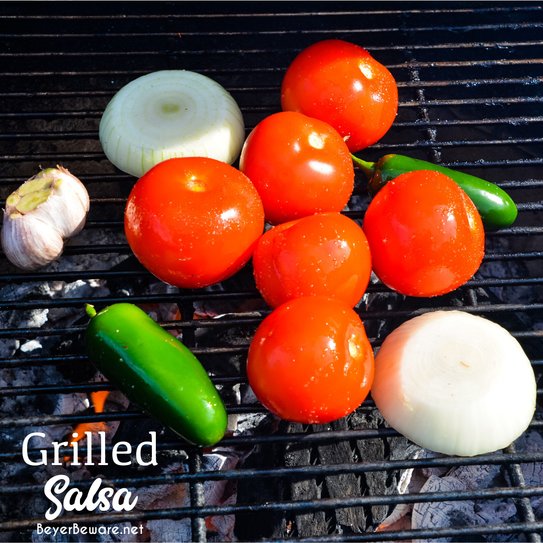 Fire-roasted salsa recipe grills garden fresh tomatoes, jalapenos, onions, garlic, and cilantro for a flame-grilled salsa recipe that is outrageously good.