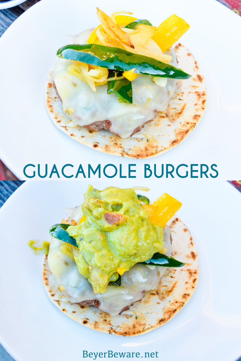 Guacamole burgers combine taco night with burger night straight from the grill with flavorful burgers, pepper-jack cheese, guacamole, sauteed onions, peppers, and street taco tortilla shells.