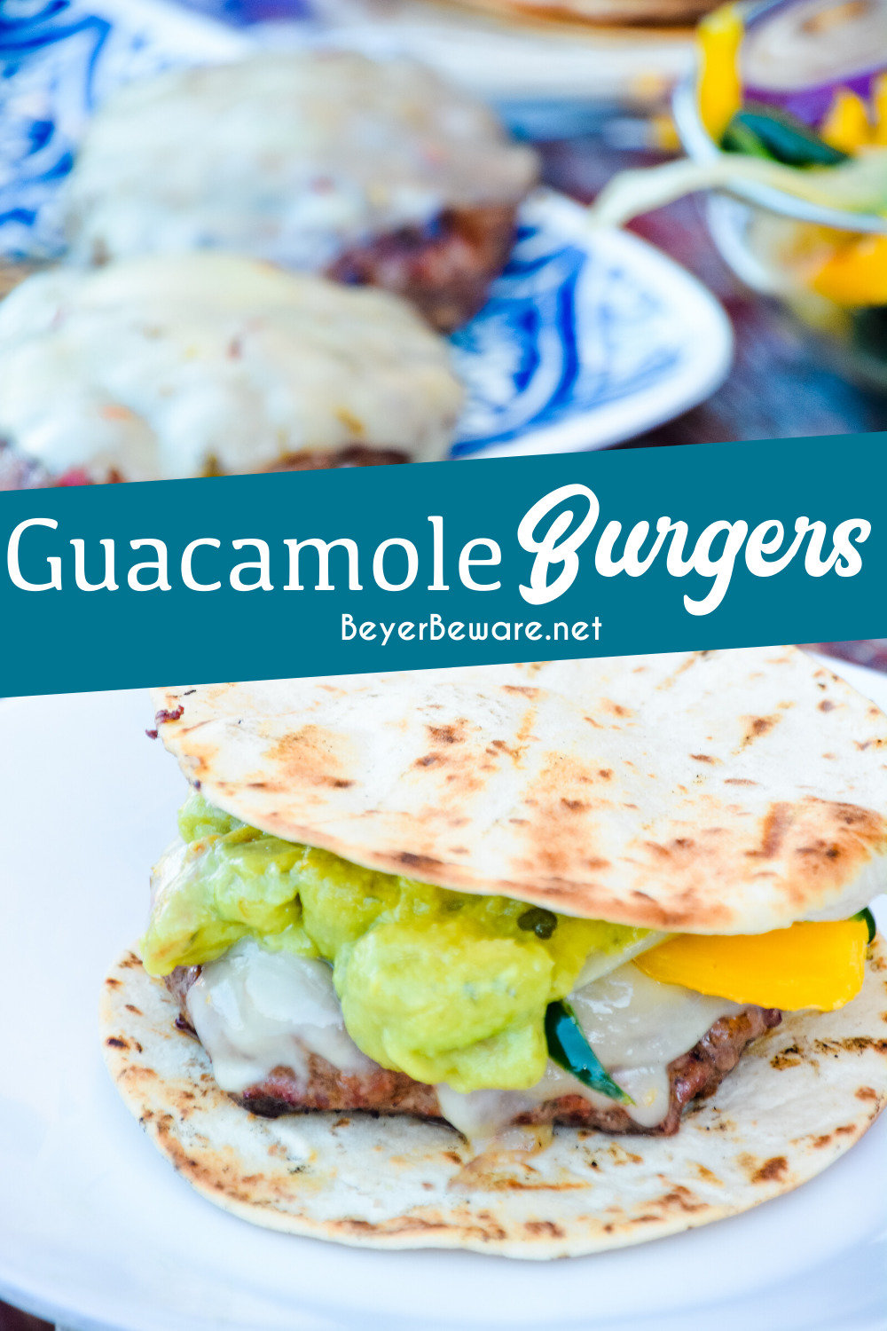 Guacamole burgers combine taco night with burger night straight from the grill with flavorful burgers, pepper-jack cheese, guacamole, sauteed onions, peppers, and street taco tortilla shells.