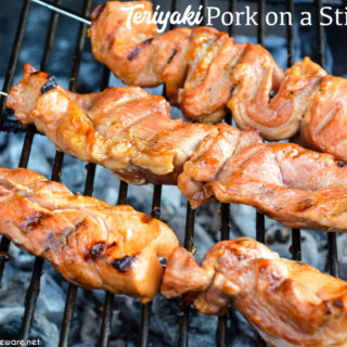 Teriyaki Pork on a Stick is a simple pork marinade recipe made from soy sauce, brown sugar, pineapple juice, and ginger that is perfect for grilled pork.