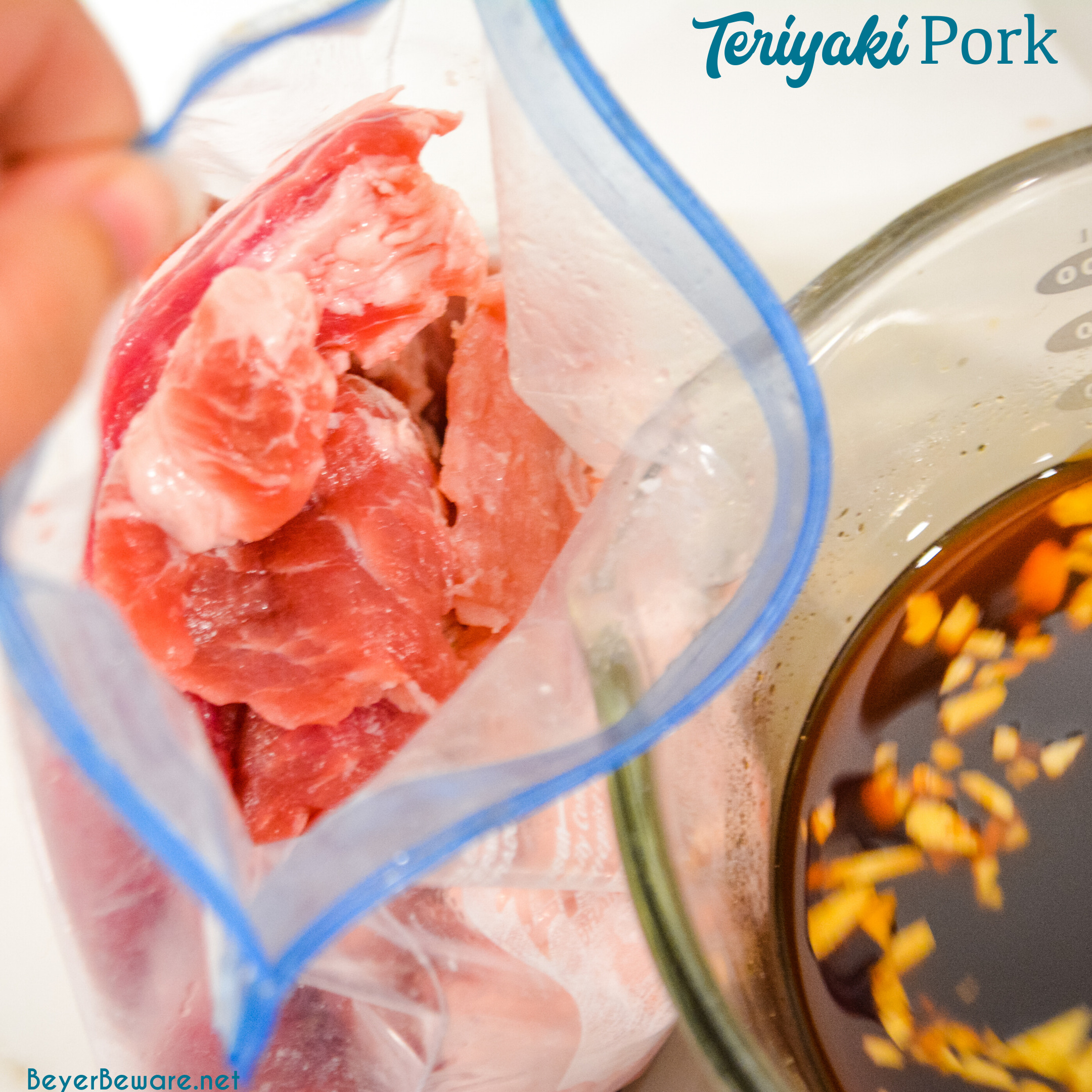 Teriyaki Pork on a Stick is a simple pork marinade recipe made from soy sauce, brown sugar, pineapple juice, and ginger that is perfect for grilled pork.