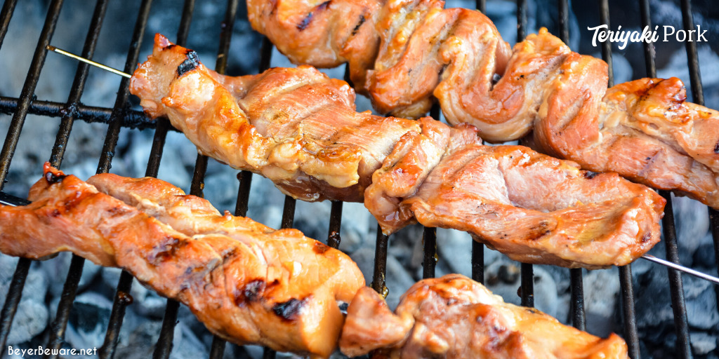 Teriyaki Pork on a Stick is a simple pork marinade recipe made from soy sauce, brown sugar, pineapple juice, and ginger that is perfect for grilled pork.
