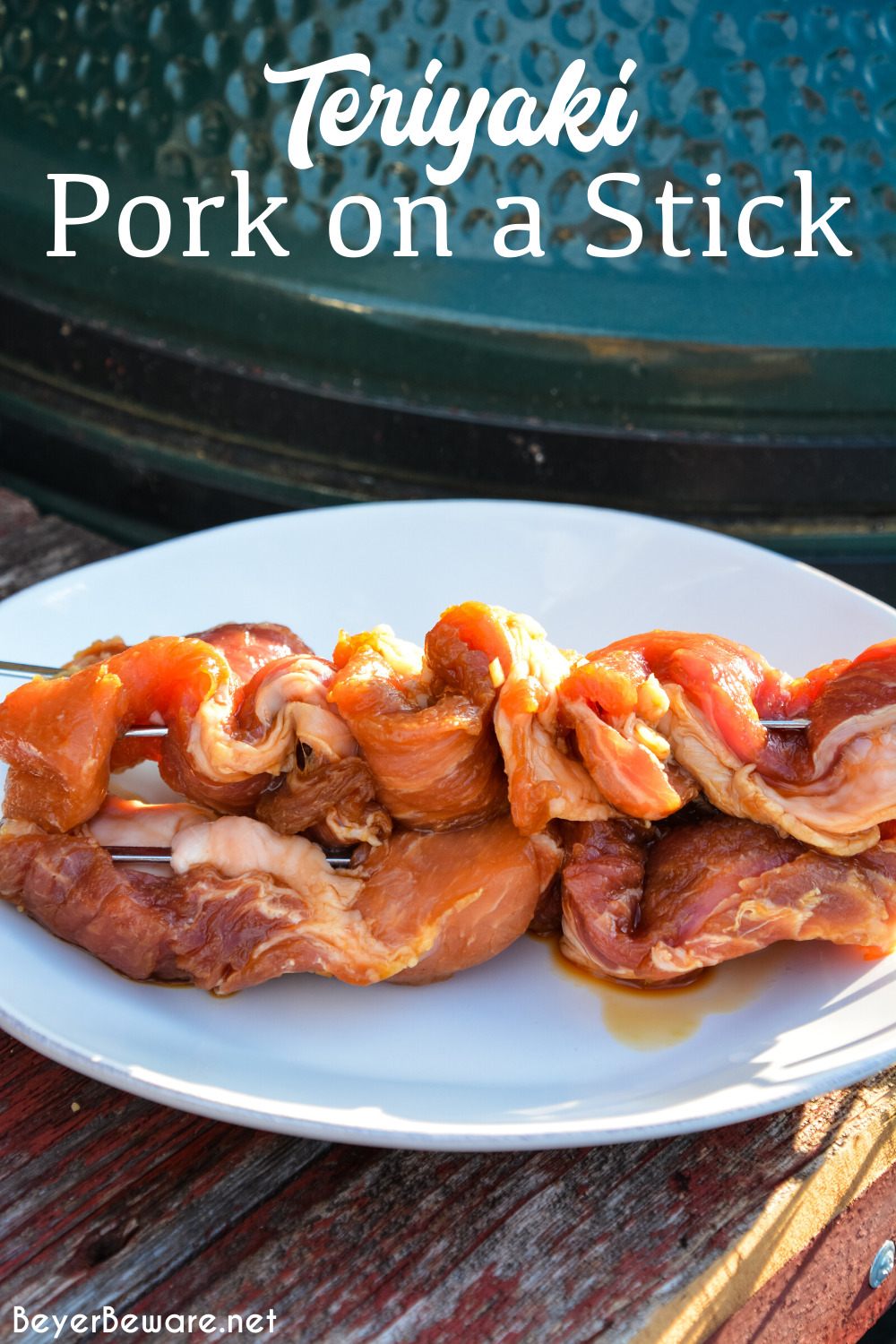 Teriyaki Pork on a Stick is a simple pork marinade recipe made from soy sauce, brown sugar, pineapple juice, and ginger that is perfect for grilled pork.