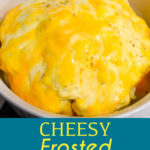 Cheesy Frosted Cauliflower is a whole head of cauliflower, steamed and then frosted with a combination of mayonnaise and mustard and then covered in cheese before quickly roasting in the oven.