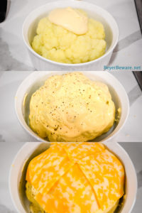 Cheesy Frosted Cauliflower is a whole head of cauliflower, steamed and then frosted with a combination of mayonnaise and mustard and then covered in cheese before quickly roasting in the oven.