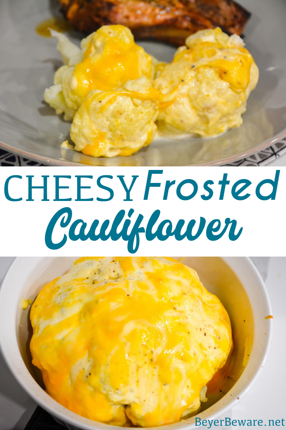 Cheesy Frosted Cauliflower is a whole head of cauliflower, steamed and then frosted with a combination of mayonnaise and mustard and then covered in cheese before quickly roasting in the oven.