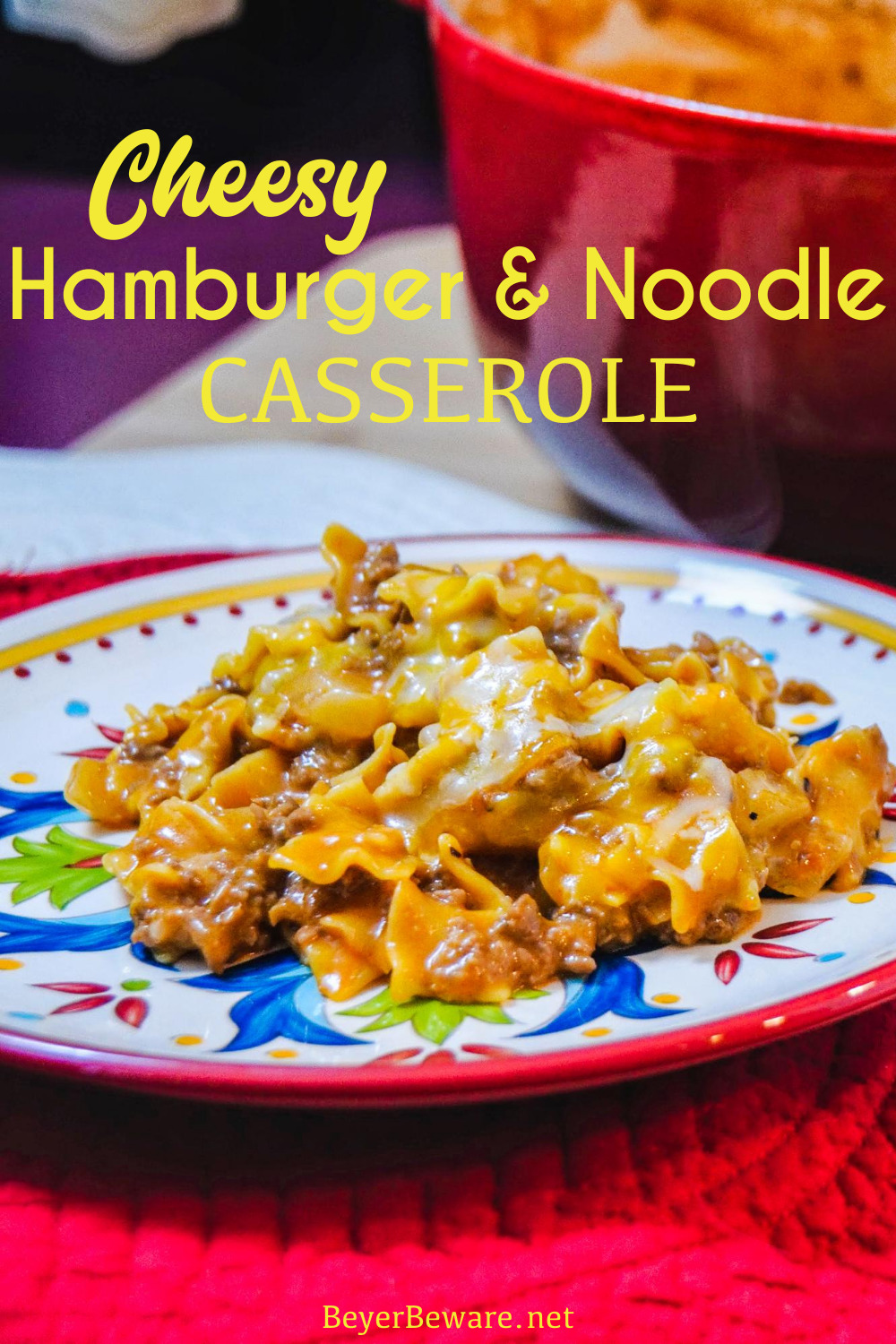 Cheesy hamburger and noodle casserole is an easy dinner recipe made with ground beef, noodles, tomato soup, and cheese for homemade hamburger helper kind of meal.