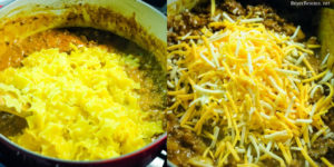 Cheesy hamburger and noodle casserole is an easy dinner recipe made with ground beef, noodles, tomato soup, and cheese for homemade hamburger helper kind of meal.