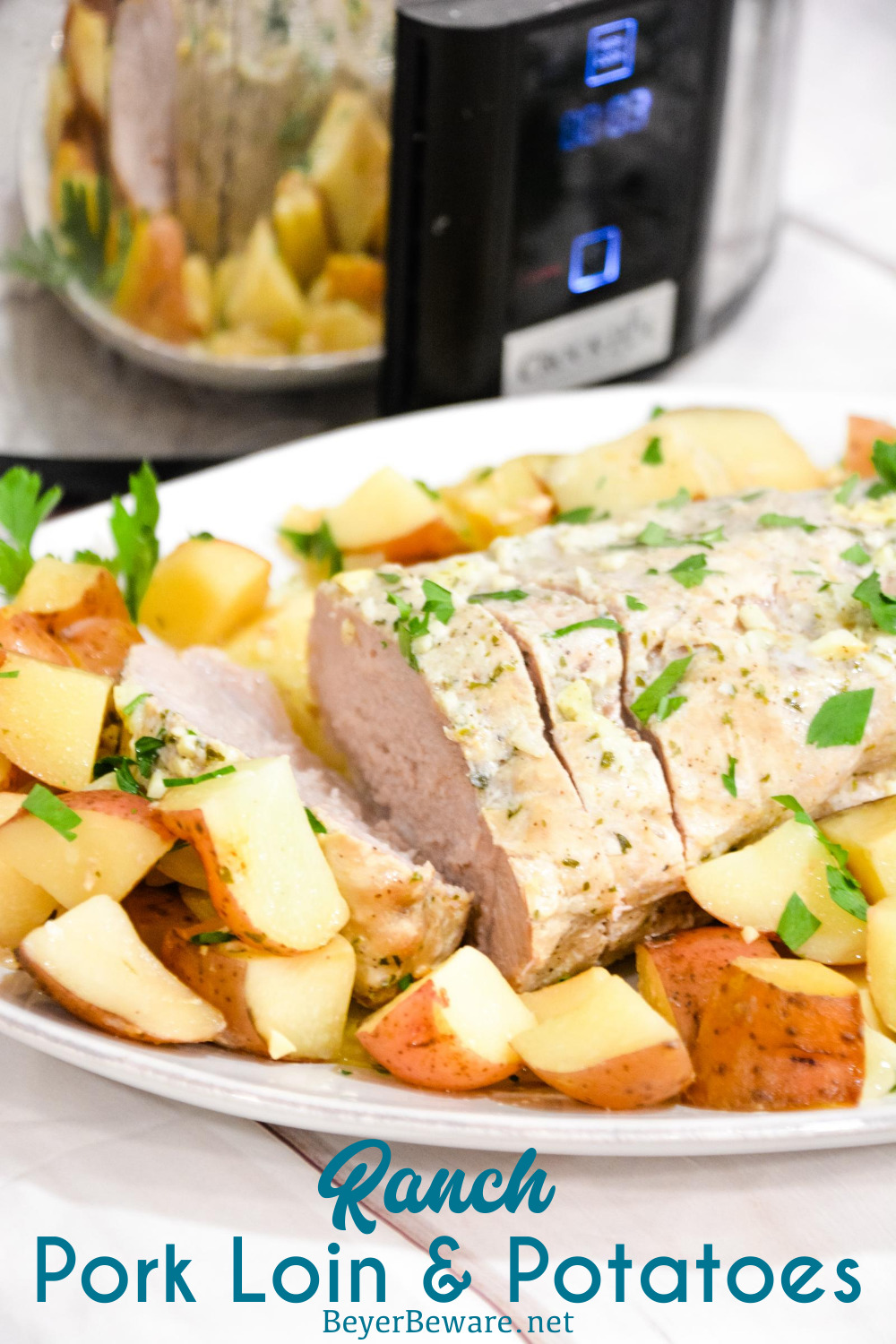 Crock pot pork loin roast and potatoes is an easy dump and go crock pot pot ranch pork loin recipe that will look and taste fancy when you serve it for dinner.