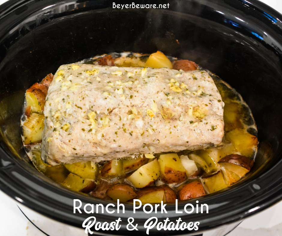 Crock pot pork loin roast and potatoes is an easy dump and go crock pot pot ranch pork loin recipe that will look and taste fancy when you serve it for dinner.