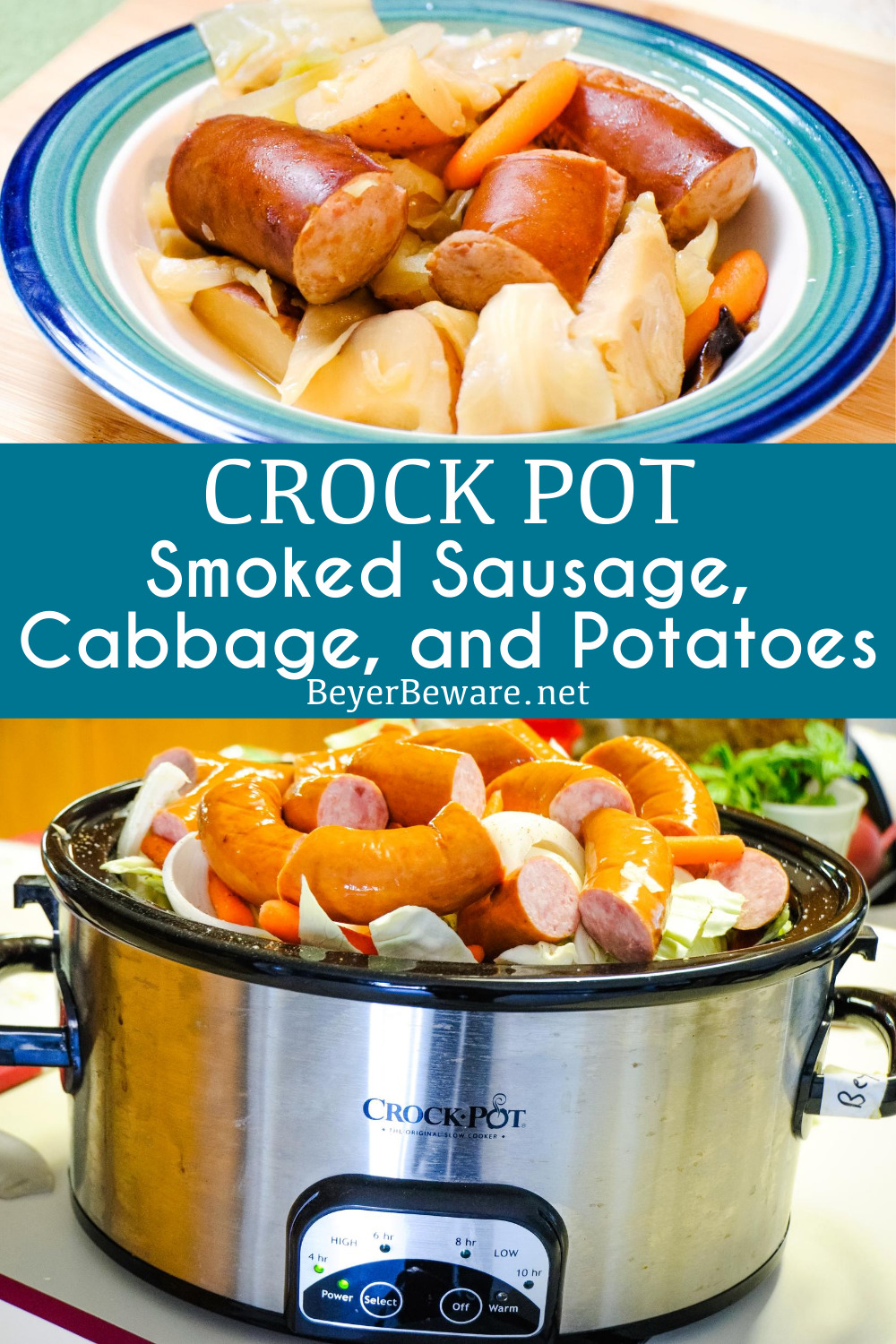 Crock Pot smoked sausage, cabbage, and potatoes is an easy dinner idea using garden fresh vegetables like cabbage, potatoes, onions, and carrots that have been slow cooked in the juices from the smoked sausage.
