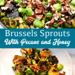 Brussels sprouts with pecans and honey is a cast iron skillet brussels sprout recipe that is a little sweet, nutty with a light cream sauce that is topped off with a drizzle honey.