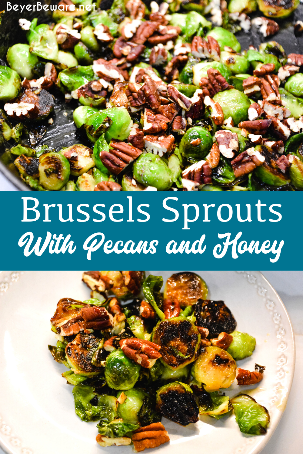 Brussels sprouts with pecans and honey is a cast iron skillet brussels sprout recipe that is a little sweet, nutty with a light cream sauce that is topped off with a drizzle honey.