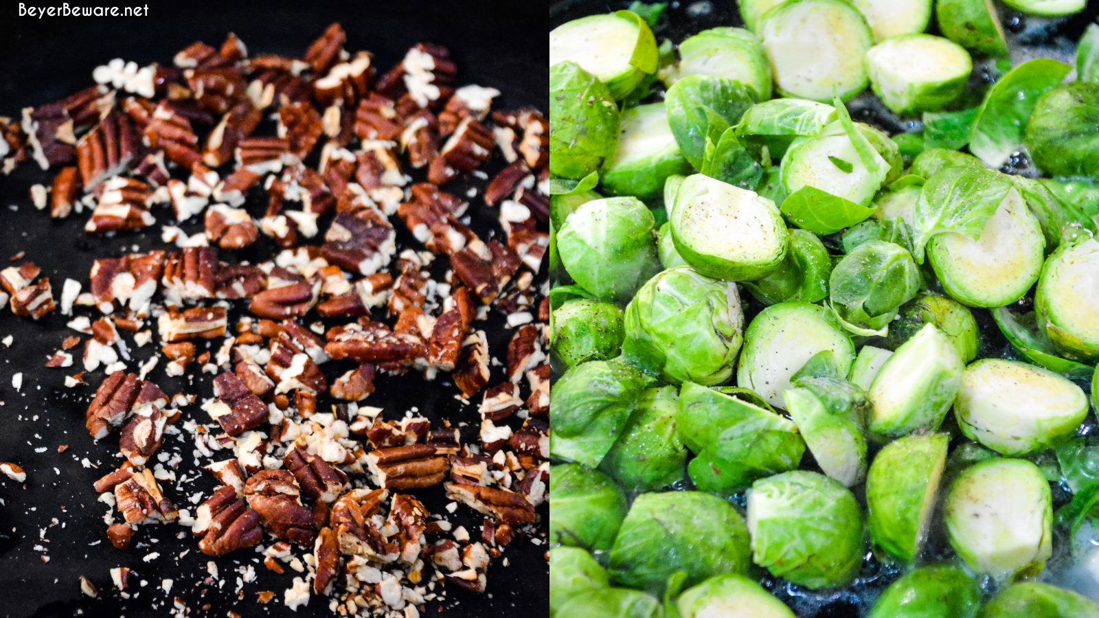 Brussels sprouts with pecans and honey is a cast iron skillet brussels sprout recipe that is a little sweet, nutty with a light cream sauce that is topped off with a drizzle honey.