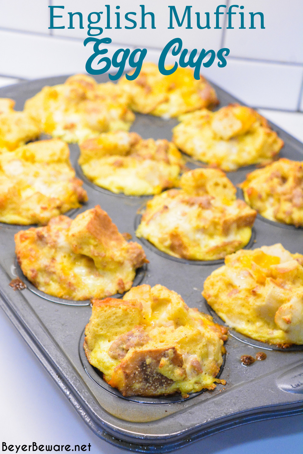 English Muffin Egg Cups are individual egg casseroles made from combining cubed English muffins, breakfast sausage, eggs, and cheese and then ready to eat, freezer, or fridge for quick breakfasts all week long.