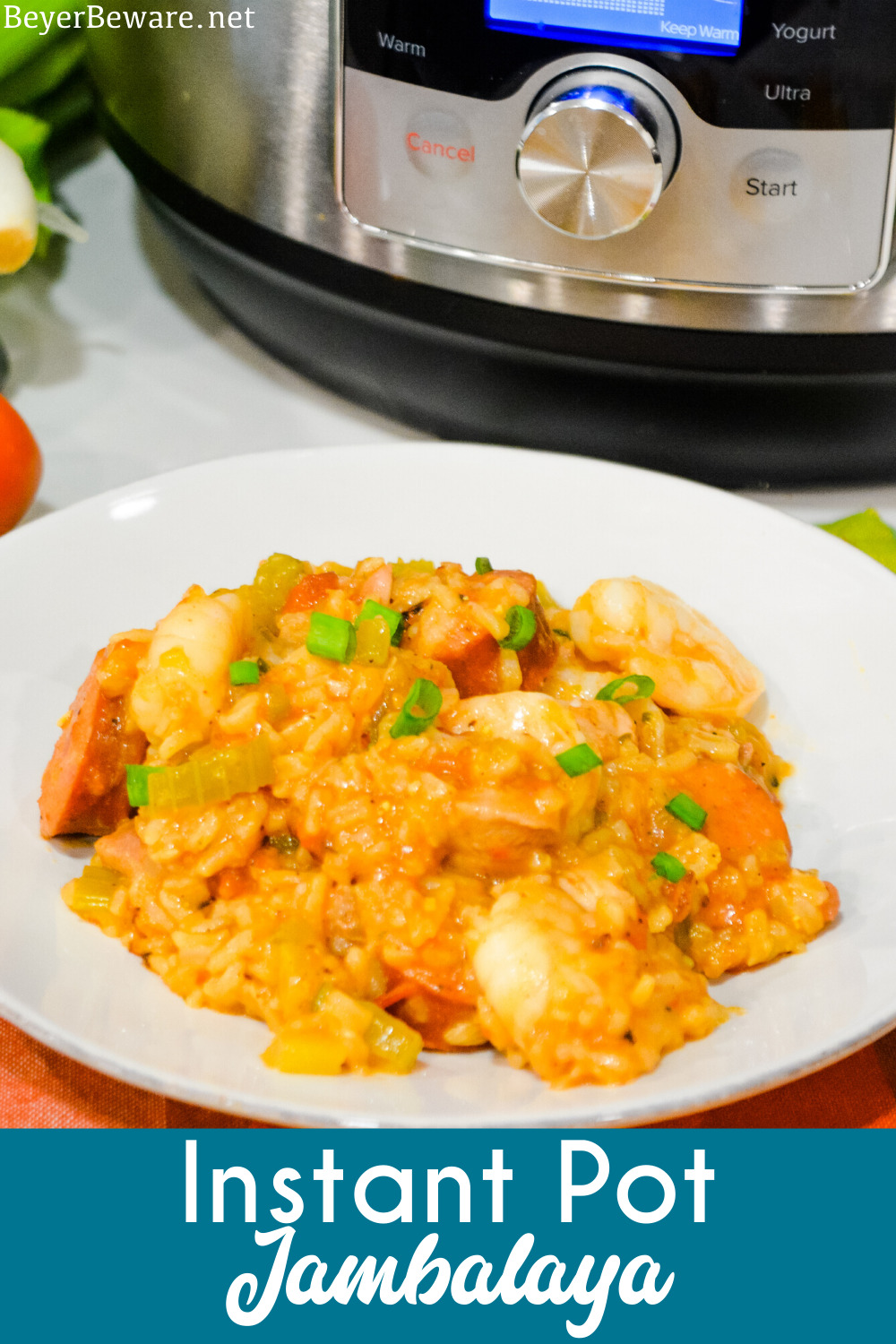 Instant Pot Jambalaya is a quick cajun recipe with spicy andouille sausage, chicken, shrimp, and rice pressure cooked in onions, celery, peppers, garlic, tomatoes, and creole seasonings.