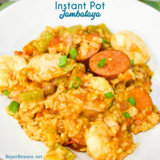 Instant Pot Jambalaya is a quick cajun recipe with spicy andouille sausage, chicken, shrimp, and rice pressure cooked in onions, celery, peppers, garlic, tomatoes, and creole seasonings.