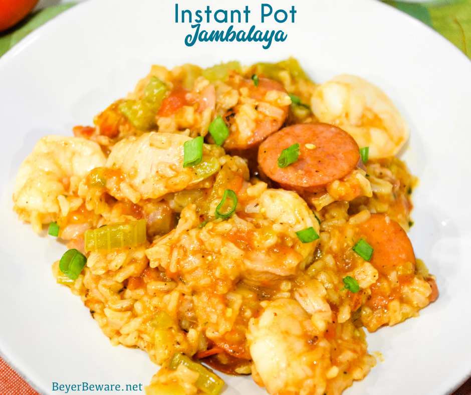 Instant Pot Jambalaya is a quick cajun recipe with spicy andouille sausage, chicken, shrimp, and rice pressure cooked in onions, celery, peppers, garlic, tomatoes, and creole seasonings.