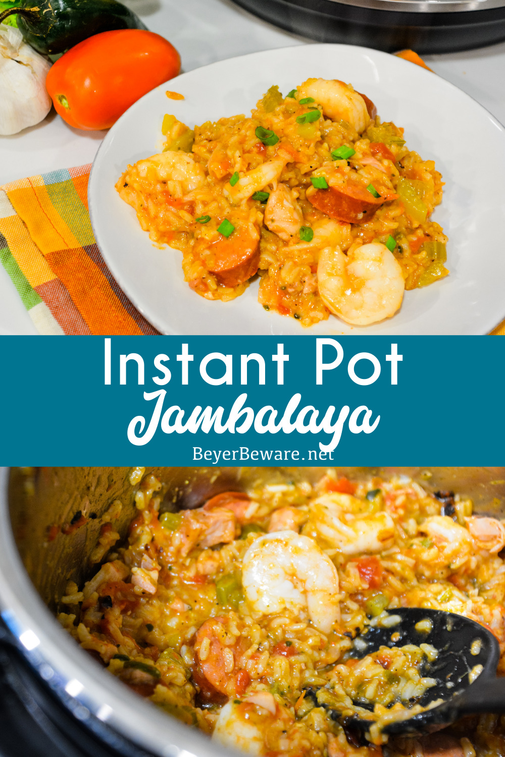 Instant Pot Jambalaya is a quick cajun recipe with spicy andouille sausage, chicken, shrimp, and rice pressure cooked in onions, celery, peppers, garlic, tomatoes, and creole seasonings.