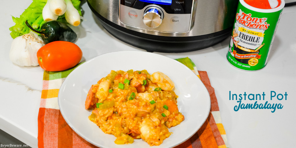 Instant Pot Jambalaya is a quick cajun recipe with spicy andouille sausage, chicken, shrimp, and rice pressure cooked in onions, celery, peppers, garlic, tomatoes, and creole seasonings.