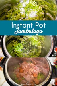 Instant Pot Jambalaya is a quick cajun recipe with spicy andouille sausage, chicken, shrimp, and rice pressure cooked in onions, celery, peppers, garlic, tomatoes, and creole seasonings.