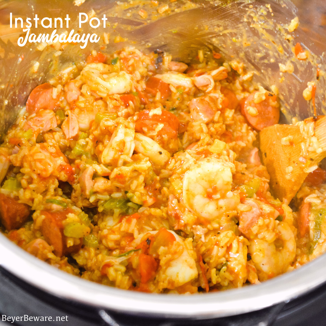 Instant Pot Jambalaya is a quick cajun recipe with spicy andouille sausage, chicken, shrimp, and rice pressure cooked in onions, celery, peppers, garlic, tomatoes, and creole seasonings.