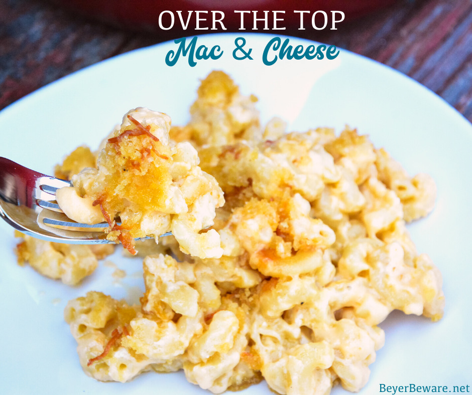 Smoked mac and cheese is an over the top macaroni and cheese recipe using a cheesy garlic white sauce combined with four kinds of cheese and then smoked on the Big Green Egg for an hour.