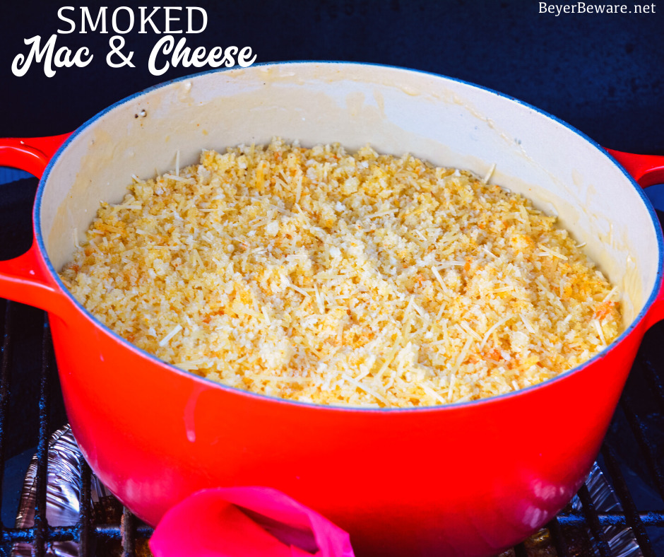 Smoked mac and cheese is an over the top macaroni and cheese recipe using a cheesy garlic white sauce combined with four kinds of cheese and then smoked on the Big Green Egg for an hour.