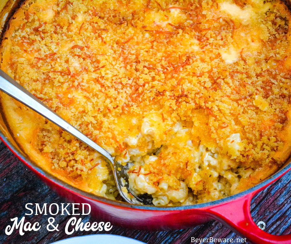 Smoked mac and cheese is an over the top macaroni and cheese recipe using a cheesy garlic white sauce combined with four kinds of cheese and then smoked on the Big Green Egg for an hour.