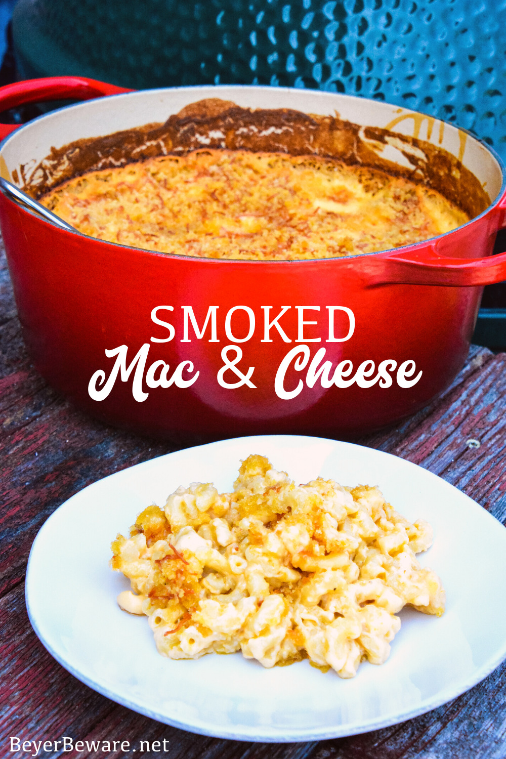 Smoked mac and cheese is an over the top macaroni and cheese recipe using a cheesy garlic white sauce combined with four kinds of cheese and then smoked on the Big Green Egg for an hour.