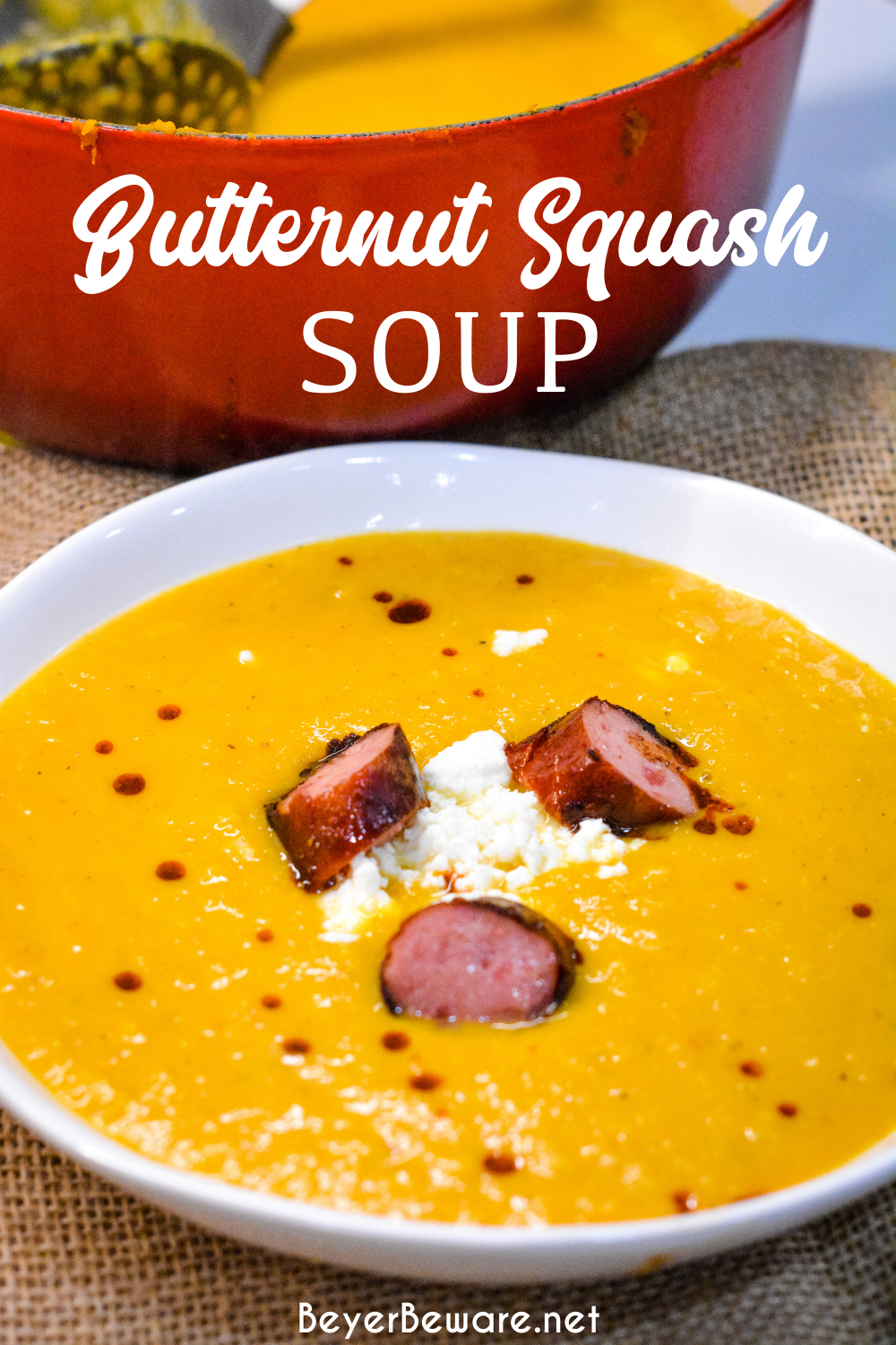 Butternut squash soup with smoked sausage is a savory, creamy roasted butternut squash soup with hints of chili, sage, onion and feta for a delish fall soup.