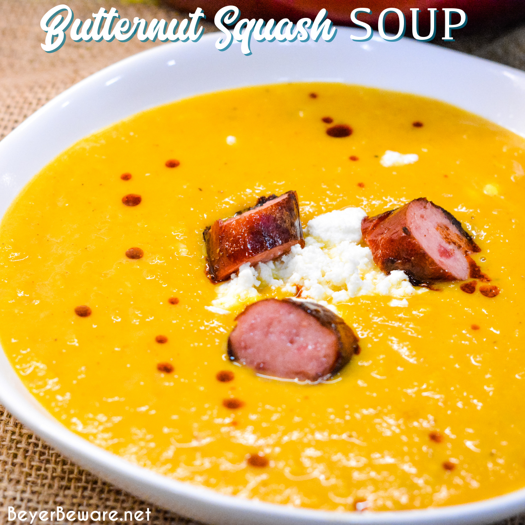 Butternut squash soup with smoked sausage is a savory, creamy roasted butternut squash soup with hints of chili, sage, onion and feta for a delish fall soup.