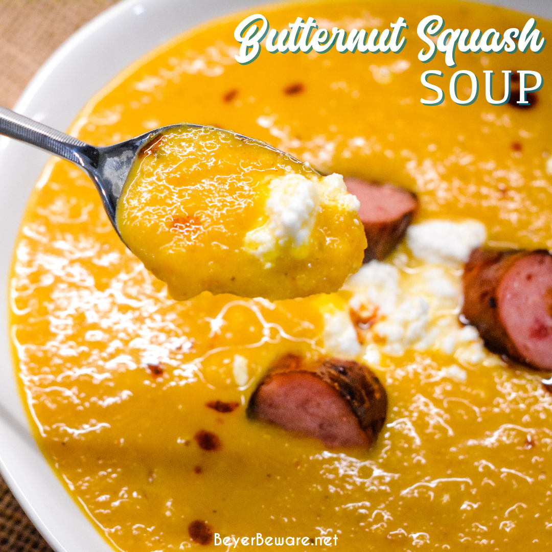 Butternut squash soup with smoked sausage is a savory, creamy roasted butternut squash soup with hints of chili, sage, onion and feta for a delish fall soup.