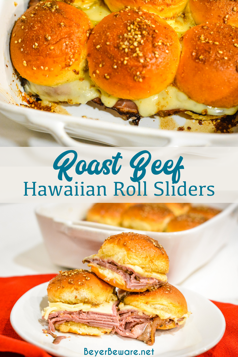 Roast beef Hawaiian roll sliders, or more affectionately called Sandy's Sandwiches, combine butter, garlic powder, worcestershire sauce, and poppy seeds for a butter glaze that compliments these baked roast beef and cheese sandwiches.