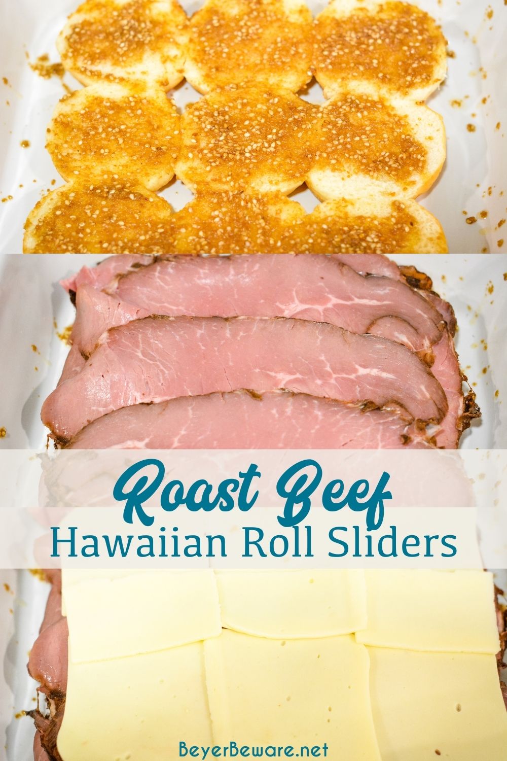 Roast beef Hawaiian roll sliders, or more affectionately called Sandy's Sandwiches, combine butter, garlic powder, Worcestershire sauce, and poppy seeds for a butter glaze that compliments these baked roast beef and cheese sandwiches.