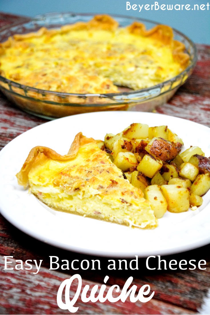 Easy bacon and cheese quiche is made quickly in a blender and poured into a store-bought pie crust that has been filled with bacon and shredded cheese for a velvety smooth quiche. After baking, this quiche can be enjoyed or popped in the freezer for use at a later date.